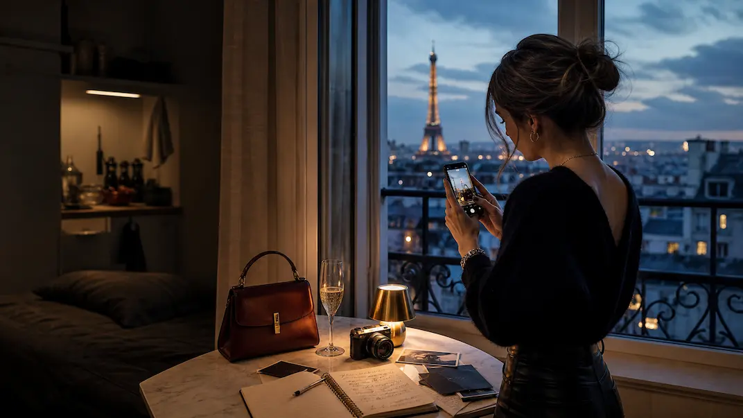 Influenceuse créant du contenu avec vue sur Paris et la tour Eiffel